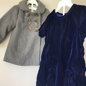 Old navy grey pea coat + royal blue velvet dress
